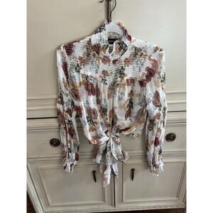NICHOLAS Women's Floral Print‎ Silk Chiffon High Neck Tie Front Blouse Sz 4